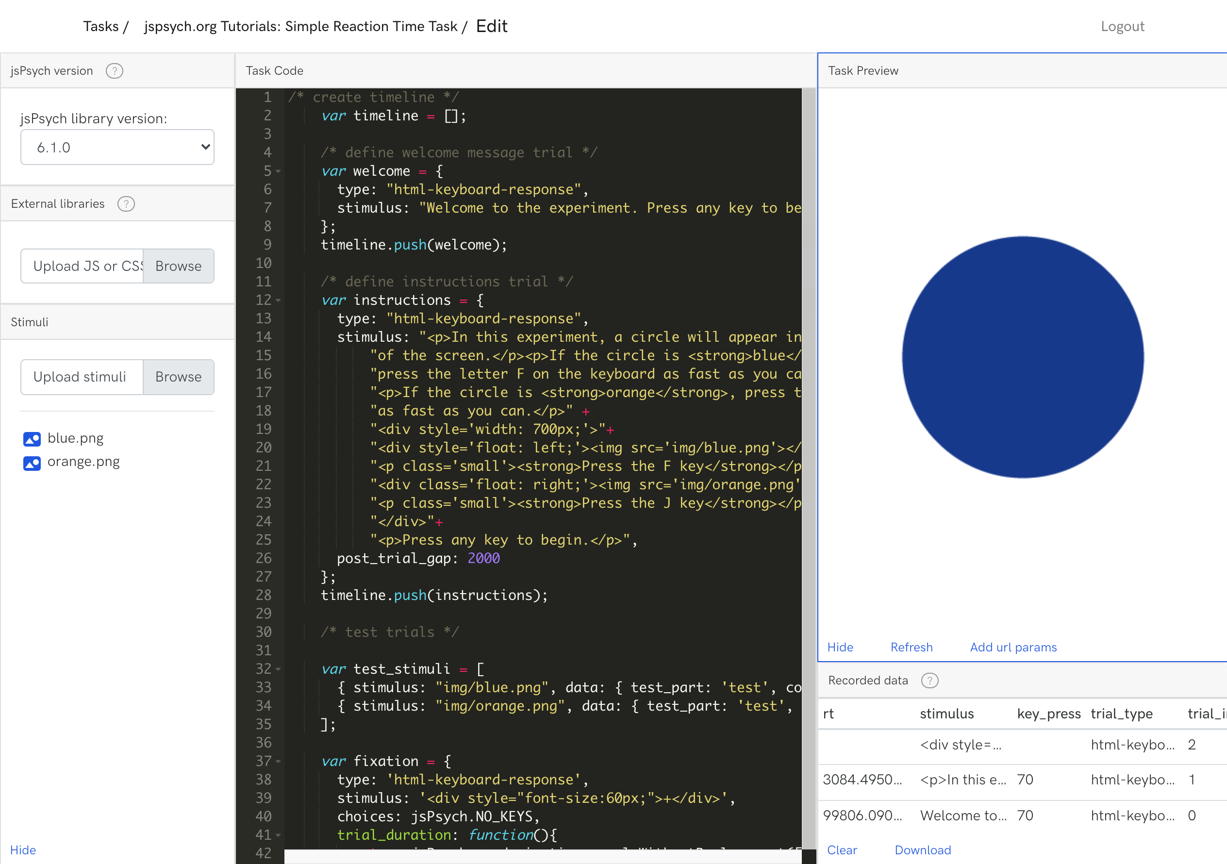 The online task code editor and the live preview of the experiment